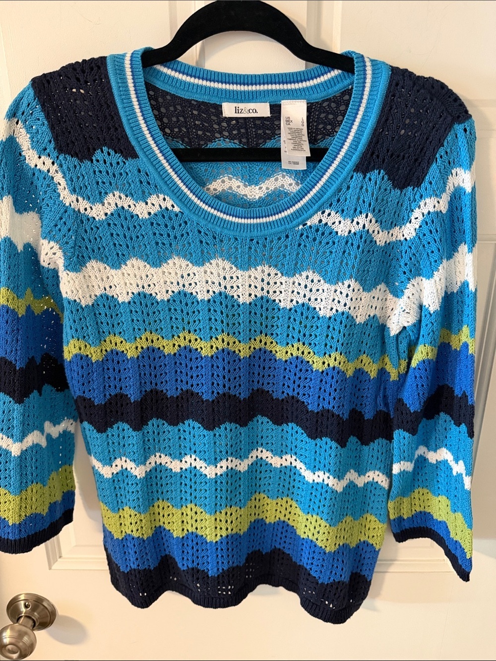 Liz & Co. Vintage 90s Open Knit Chevron Wave Striped Sweater 100% cotton Large